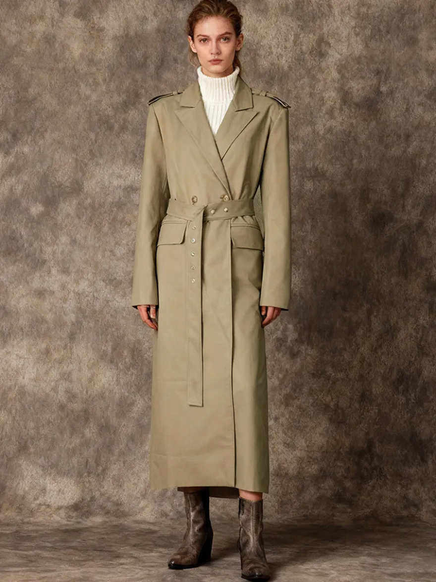 Trench-coat maxi kaki croisé à revers cranté et ceinture à manches longues