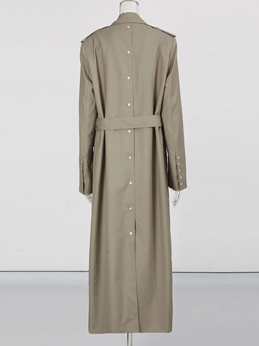 Trench-coat maxi kaki croisé à revers cranté et ceinture à manches longues