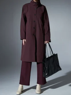 Trench-coat mi-long ample à col montant pour femme manches longues et bouton unique style décontracté
