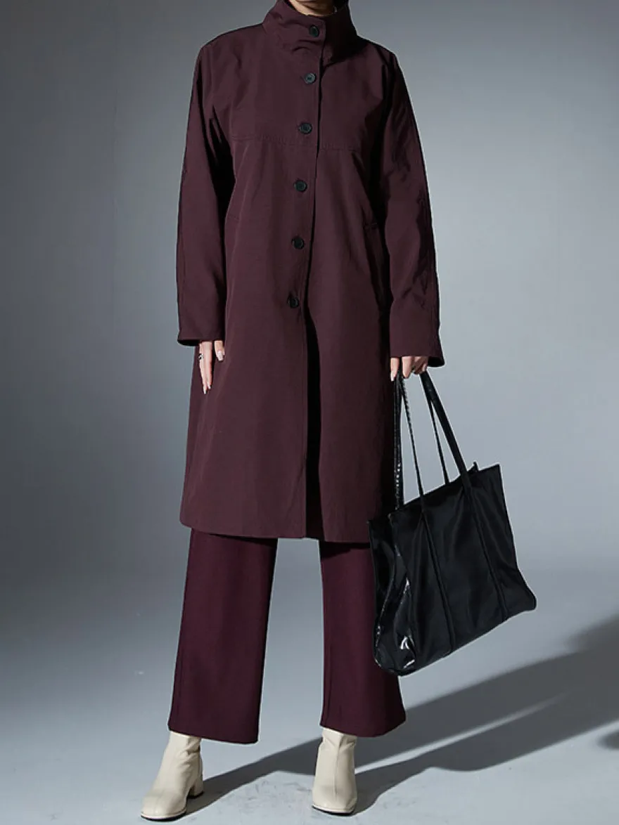 Trench-coat mi-long ample à col montant pour femme manches longues et bouton unique style décontracté
