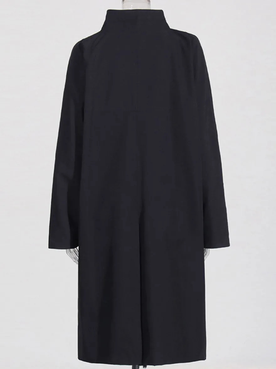 Trench-coat mi-long ample à col montant pour femme manches longues et bouton unique style décontracté