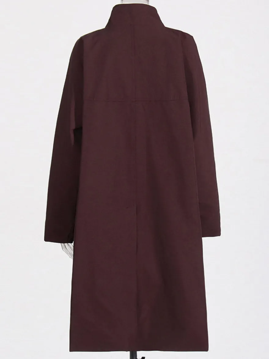 Trench-coat mi-long ample à col montant pour femme manches longues et bouton unique style décontracté