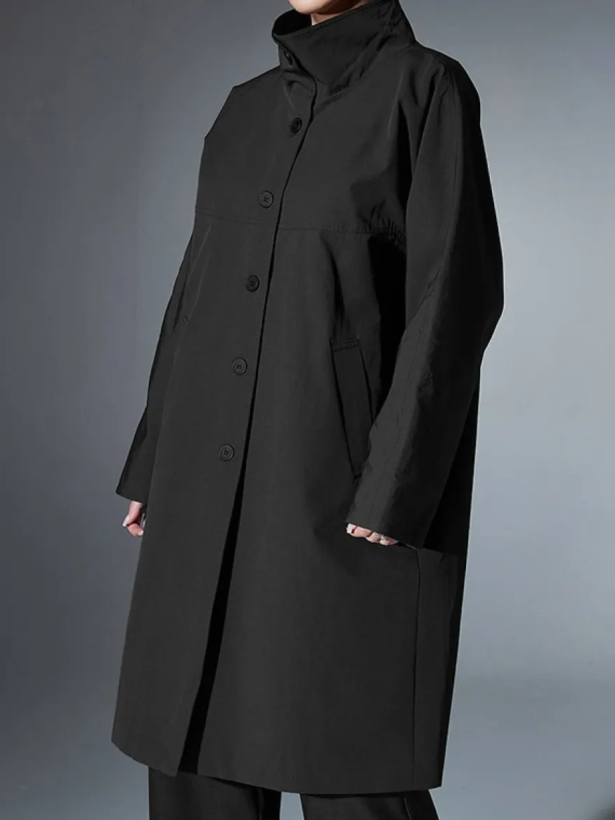 Trench-coat mi-long ample à col montant pour femme manches longues et bouton unique style décontracté