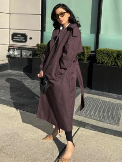 Trench-coat oversize pour femme - Coupe-vent maxi croisé chic marron chocolat - Idéal pour les soirées de printemps 2026