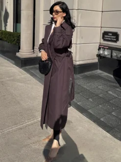 Trench-coat oversize pour femme - Coupe-vent maxi croisé chic marron chocolat - Idéal pour les soirées de printemps 2026