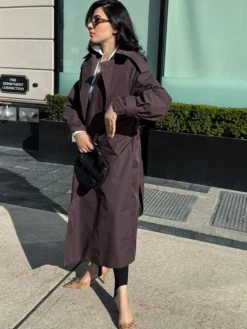 Trench-coat oversize pour femme - Coupe-vent maxi croisé chic marron chocolat - Idéal pour les soirées de printemps 2026