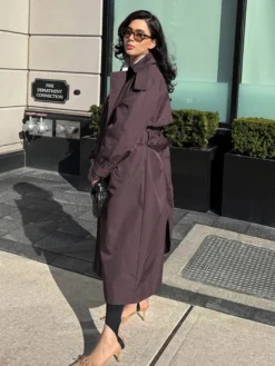 Trench-coat oversize pour femme - Coupe-vent maxi croisé chic marron chocolat - Idéal pour les soirées de printemps 2026