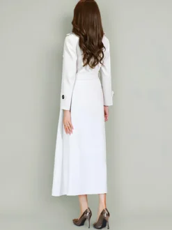 Trench-Coat Pour Femme Ceinture Veste Longue Blanche Col Rabattu Manches Longues Polyester Bouton