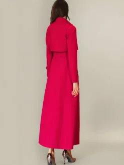 Trench-Coat Veste Longue Femme En Polyester Chic Col Rabattu Boutons Manches Longues Rouge