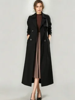 Trench-Coat Veste Longue Femme Moderne Polyester Col Rabattu Boutons Manches Longues