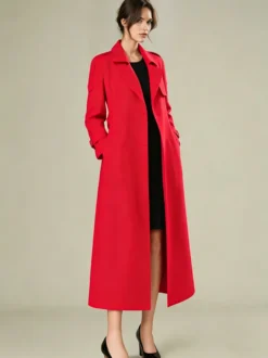 Trench-Coat Veste Longue Femme Moderne Polyester Col Rabattu Boutons Manches Longues