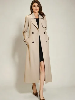 Trench-Coat Veste Longue Femme Moderne Polyester Col Rabattu Boutons Manches Longues