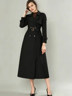 Trench-Coat Veste Longue Femme Moderne Polyester Col Rabattu Boutons Manches Longues