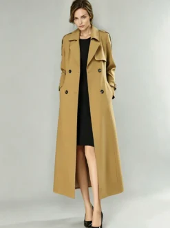 Trench-Coat Veste Longue Femme Moderne Polyester Col Rabattu Boutons Manches Longues