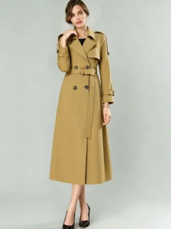 Trench-Coat Veste Longue Femme Moderne Polyester Col Rabattu Boutons Manches Longues