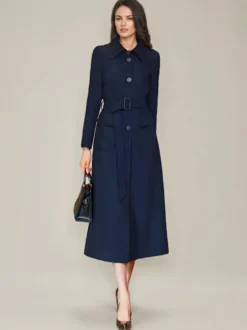 Trench-Coat Veste Longue Tendance En Polyester Pour Femme Col Rabattu Ceinture