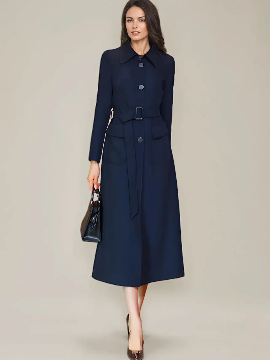 Trench-Coat Veste Longue Tendance En Polyester Pour Femme Col Rabattu Ceinture