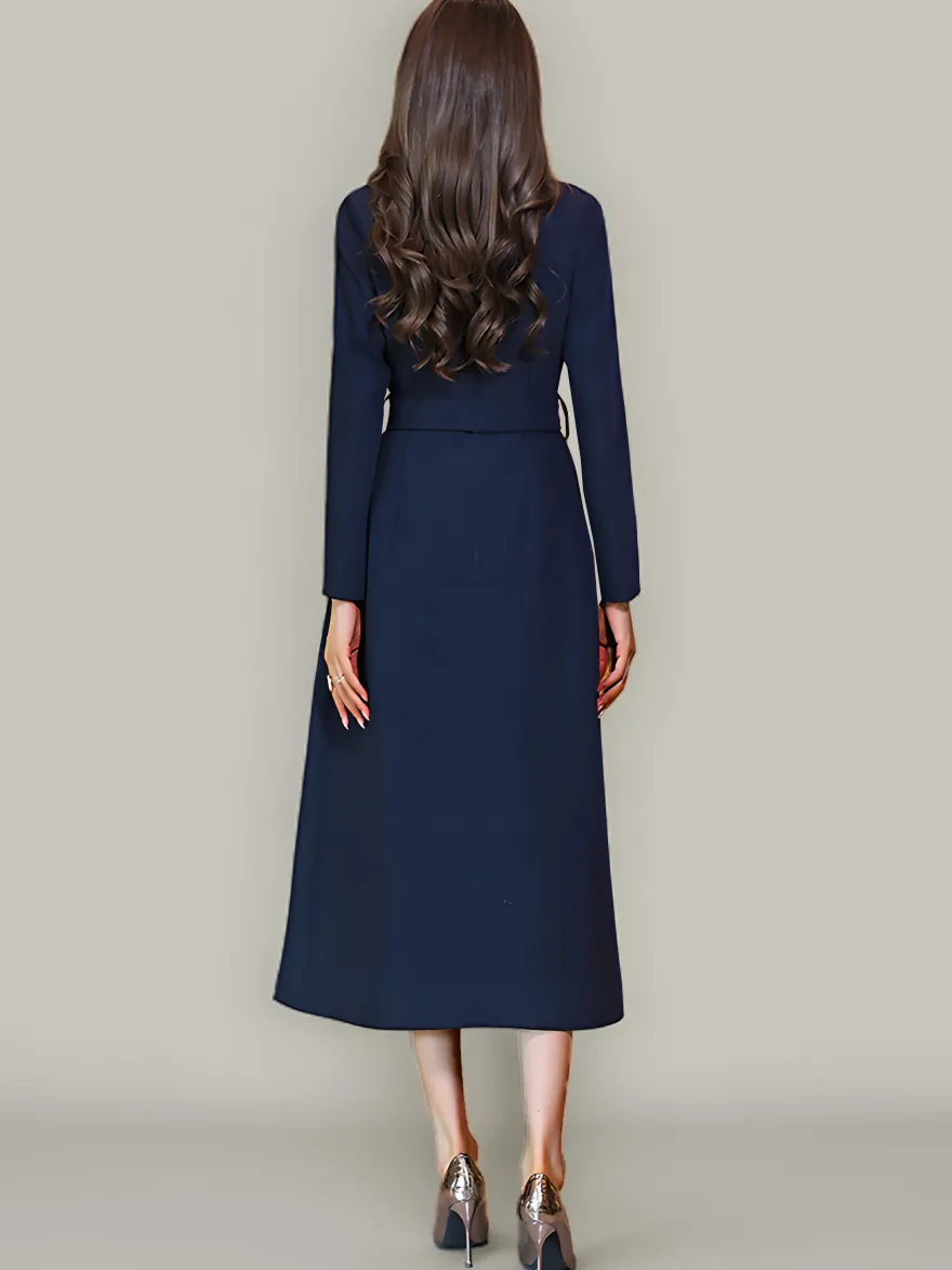 Trench-Coat Veste Longue Tendance En Polyester Pour Femme Col Rabattu Ceinture