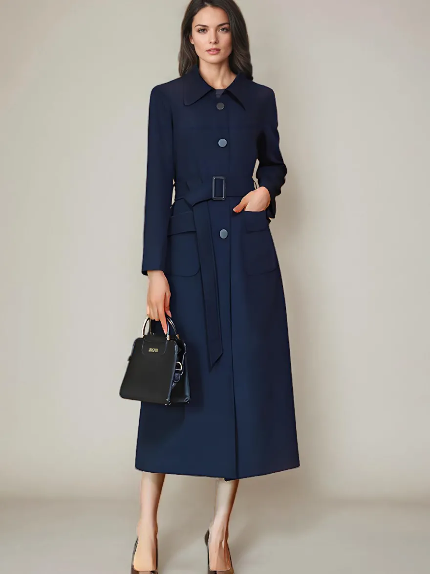 Trench-Coat Veste Longue Tendance En Polyester Pour Femme Col Rabattu Ceinture