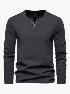 T-Shirt À Manches Longues Col En V En Coton Homme Haut Décontracté Confortable