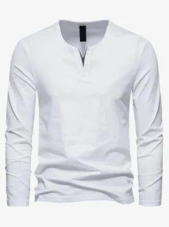 T-Shirt À Manches Longues Col En V En Coton Homme Haut Décontracté Confortable