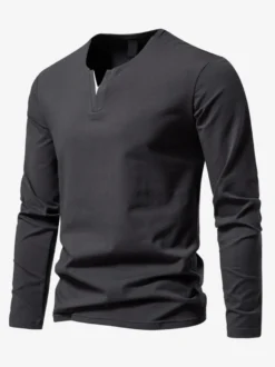 T-Shirt À Manches Longues Col En V En Coton Homme Haut Décontracté Confortable