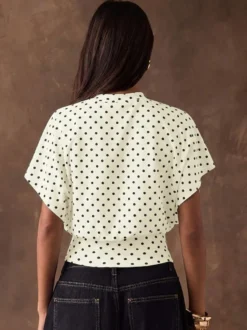 T-shirt à manches 3/4 rose à pois col rond pour femme