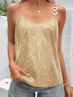T-shirt sans manches à sequins tendance à col en V idéal pour les soirées.