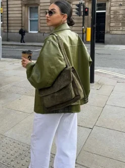 Veste aviateur en similicuir à col rabattu vert pour femme vêtement d'extérieur de printemps 2026