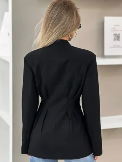 Veste blazer à col en V sans col pour femme taille cintrée plissée et à simple boutonnage
