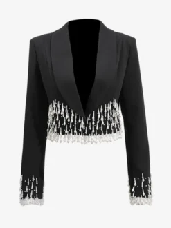 Veste blazer à franges et perles pour femme - Manteau de soirée noir court à revers châle et franges - Printemps 2026