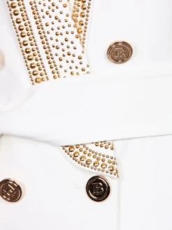 Veste blazer à manches longues croisée à revers châle orné de perles dorées pour femme