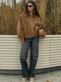 Veste bomber courte vintage pour femme col en daim fermeture éclair poignets élastiques