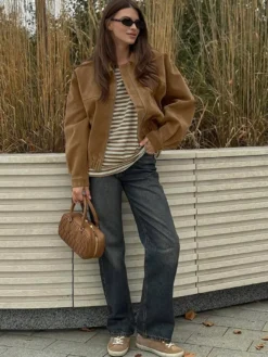 Veste bomber courte vintage pour femme col en daim fermeture éclair poignets élastiques