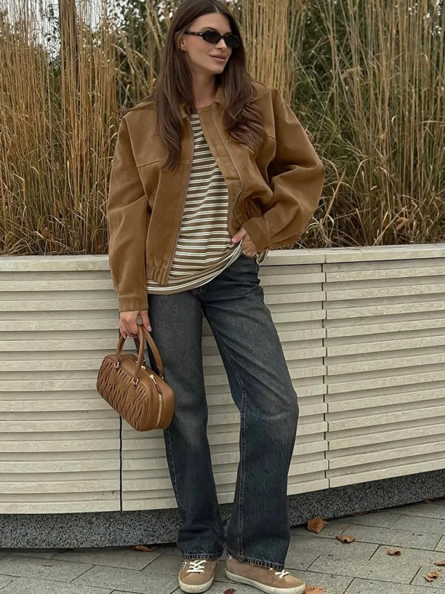 Veste bomber courte vintage pour femme col en daim fermeture éclair poignets élastiques
