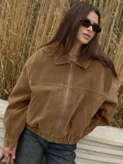 Veste bomber courte vintage pour femme col en daim fermeture éclair poignets élastiques
