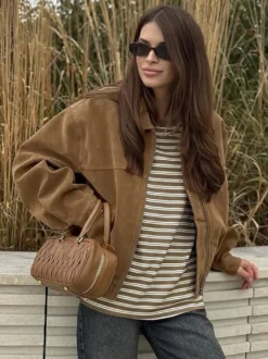 Veste bomber courte vintage pour femme col en daim fermeture éclair poignets élastiques