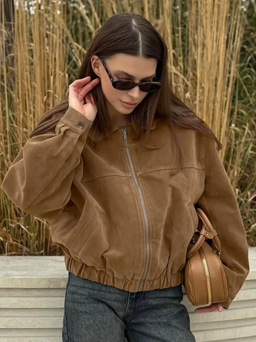 Veste bomber courte vintage pour femme col en daim fermeture éclair poignets élastiques