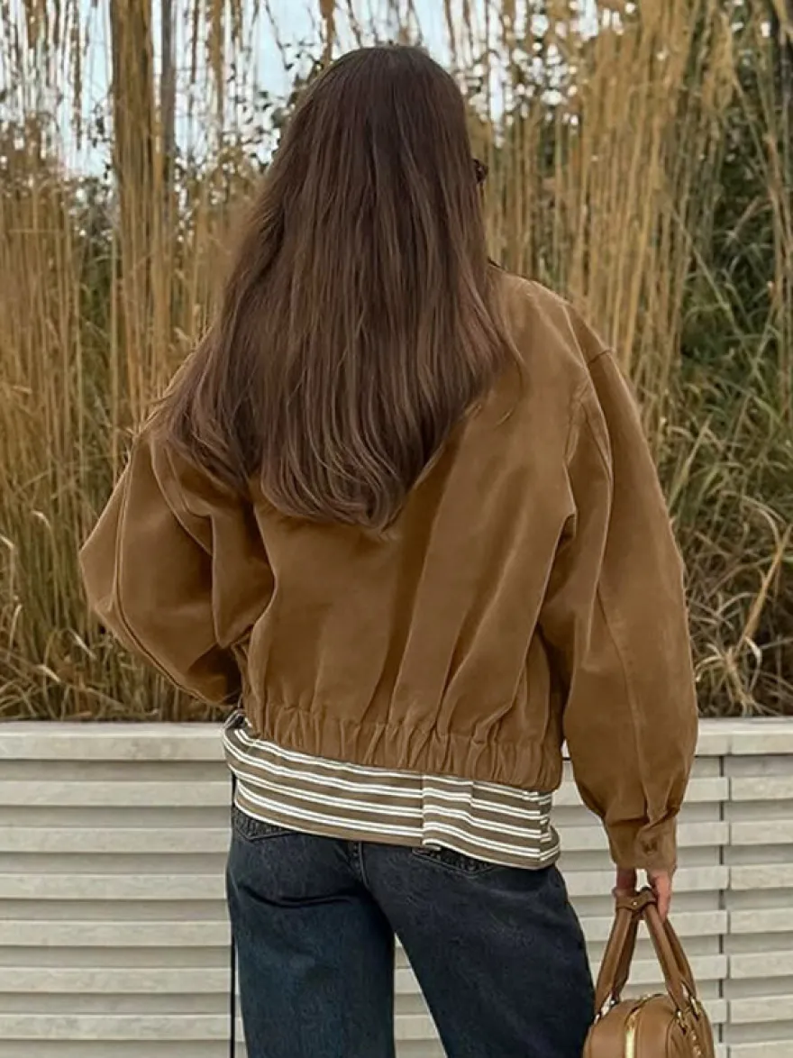 Veste bomber courte vintage pour femme col en daim fermeture éclair poignets élastiques