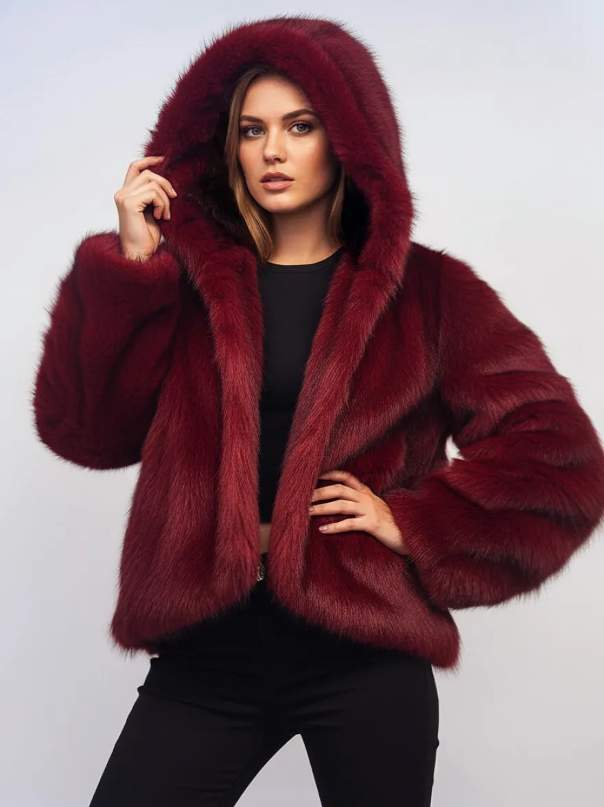 Veste à capuche en fausse fourrure bordeaux pour femme 2026