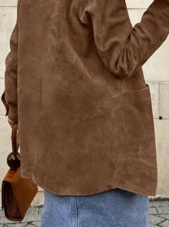 Veste-chemise femme en faux daim beige - Haut oversize rétro à poches cargo - Style streetwear décontracté printemps 2026
