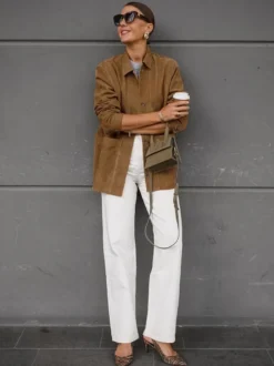 Veste-chemise femme en faux daim beige - Haut oversize rétro à poches cargo - Style streetwear décontracté printemps 2026