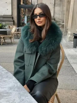 Veste courte avec col en fourrure de renard écologique vêtement d'extérieur surdimensionné vert foncé pour femme 2026