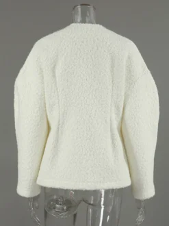 Veste courte blanche en bouclette pour femme - Élégante veste d'extérieur à col V manches bouffantes et coupe ajustée - Chic français pour le printemps 2026