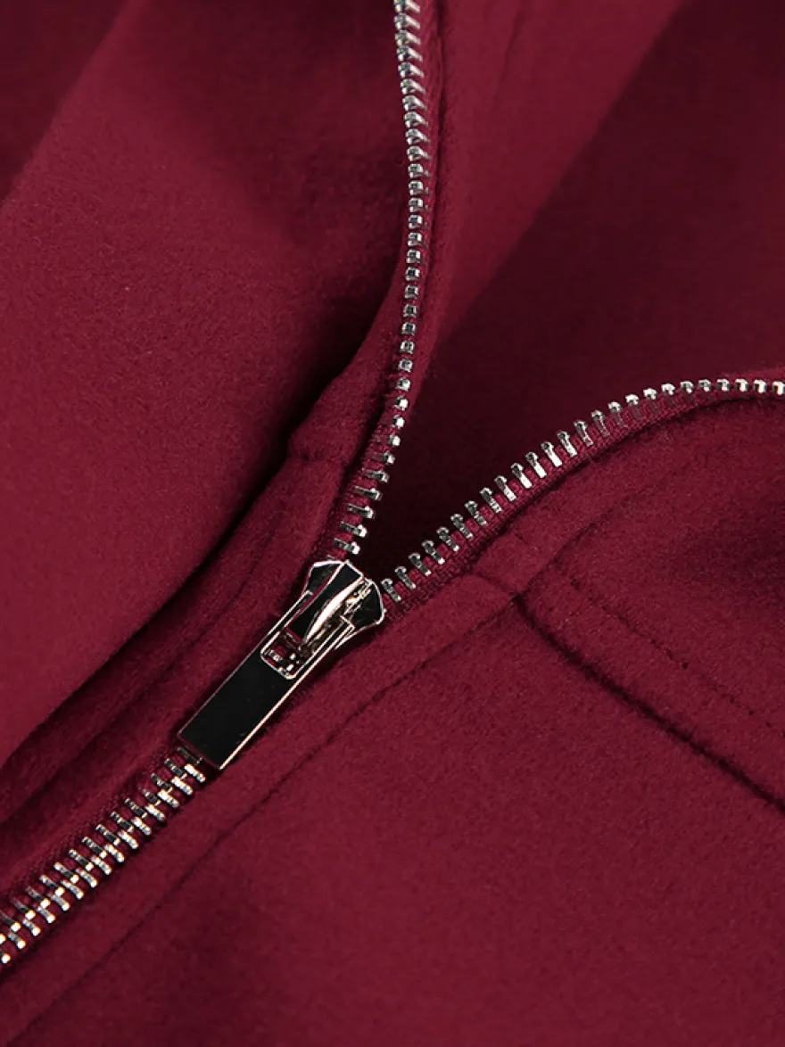 Veste courte bordeaux pour femme - Col rabattu chic fermeture éclair ourlet élastique - Collection streetwear décontractée printemps 2026