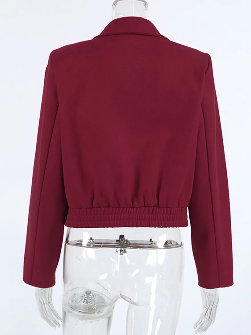 Veste courte bordeaux pour femme - Col rabattu chic fermeture éclair ourlet élastique - Collection streetwear décontractée printemps 2026