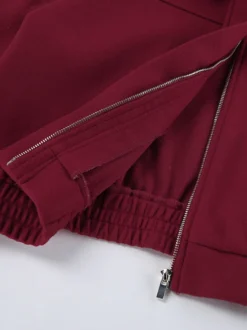 Veste courte bordeaux pour femme - Col rabattu chic fermeture éclair ourlet élastique - Collection streetwear décontractée printemps 2026