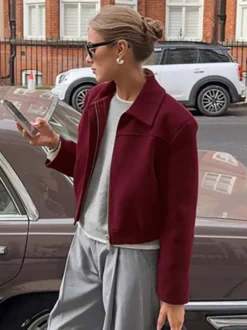 Veste courte bordeaux pour femme - Col rabattu chic fermeture éclair ourlet élastique - Collection streetwear décontractée printemps 2026