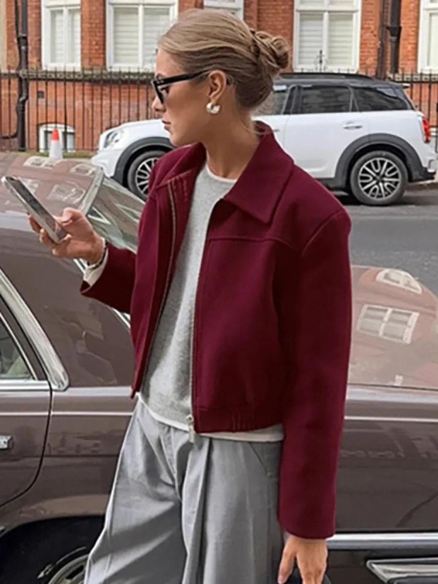 Veste courte bordeaux pour femme - Col rabattu chic fermeture éclair ourlet élastique - Collection streetwear décontractée printemps 2026