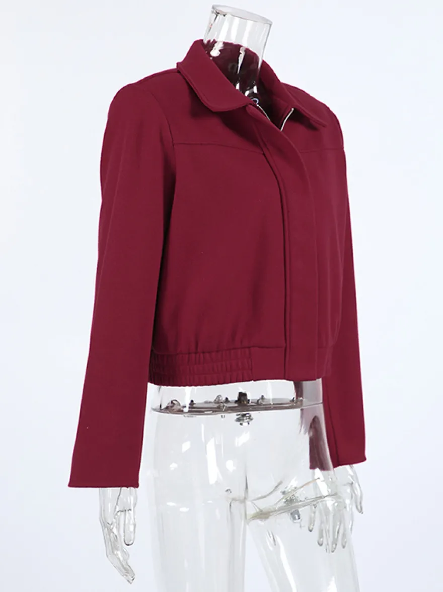 Veste courte bordeaux pour femme - Col rabattu chic fermeture éclair ourlet élastique - Collection streetwear décontractée printemps 2026